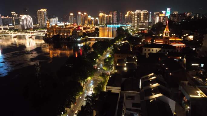 原创 福州老仓山烟台山夜景城市航拍风光