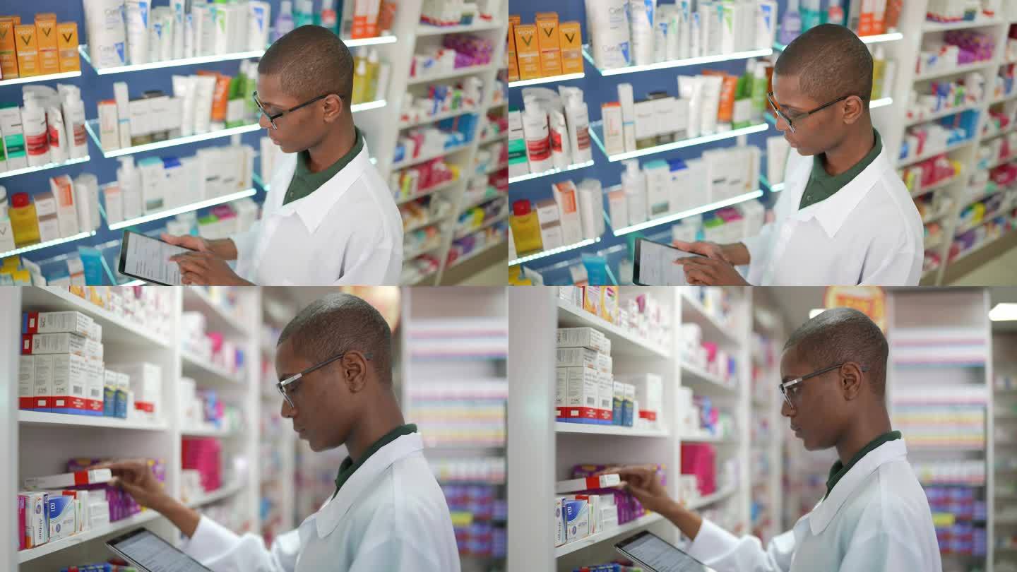 年轻的药剂师在药房用数字药片检查货架