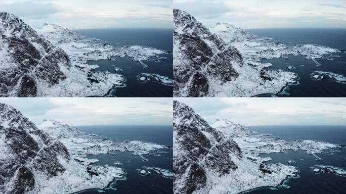 航拍冬季挪威的海岸线