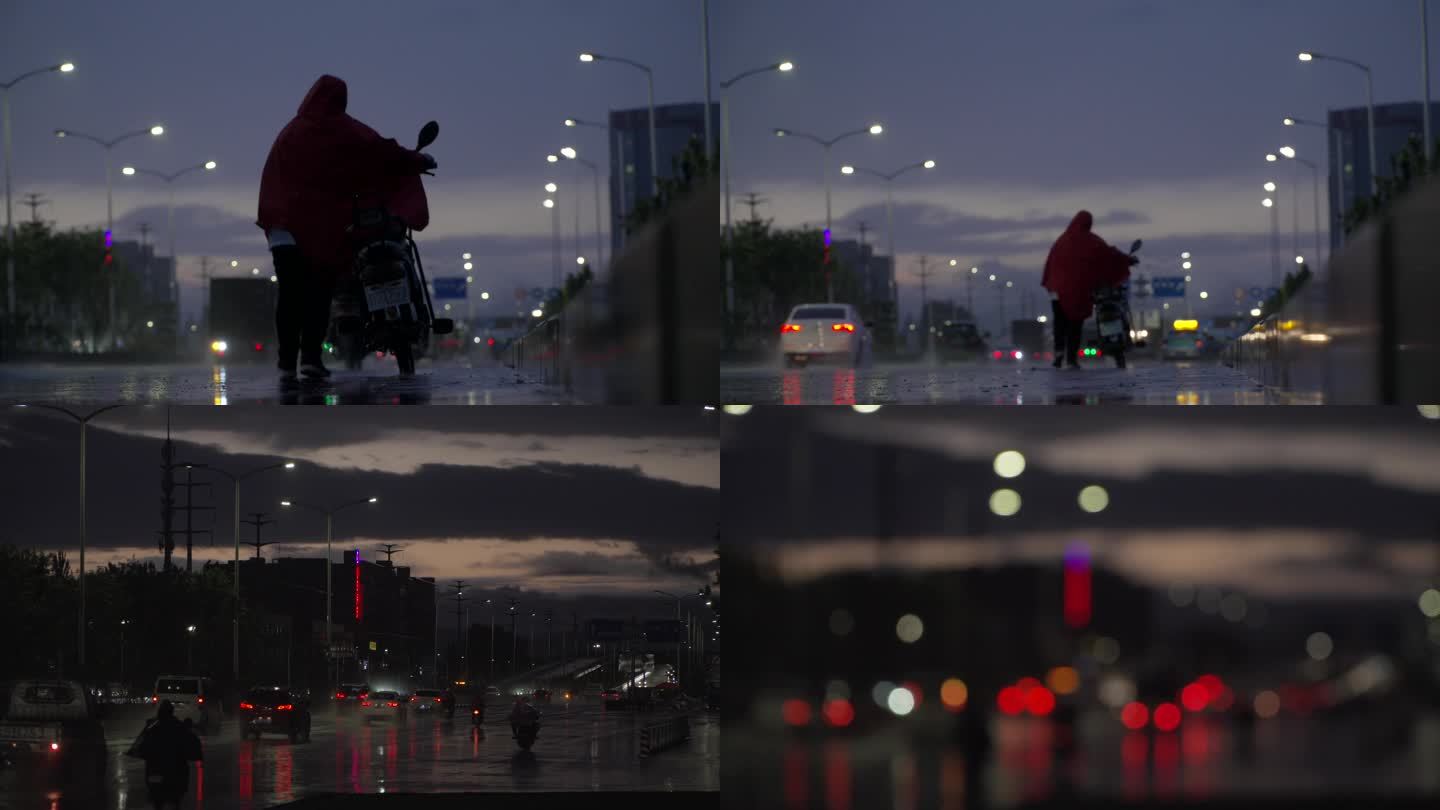 4K城市夜晚街头雨中疲惫夜景车辆脚步孤独