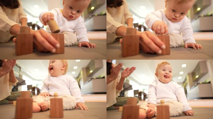 婴儿学习如何玩木制益智玩具