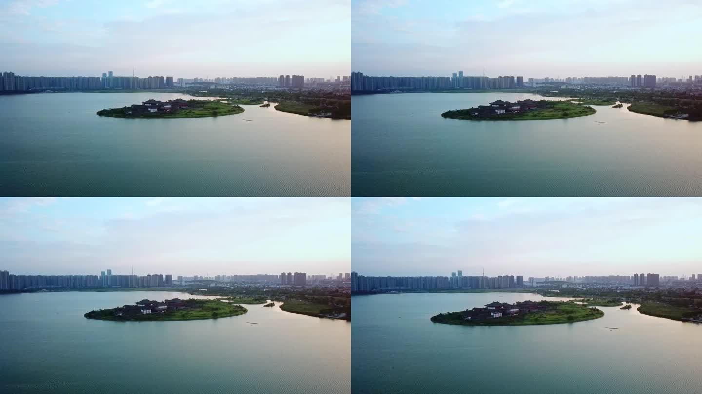 4K航拍湖中小岛城市地标性建筑素材视频