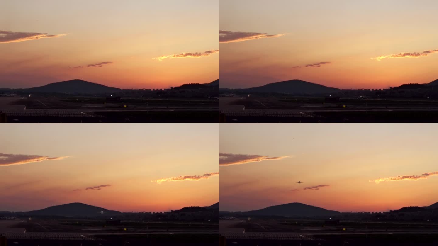 日落余晖机场上空大燕飞翔与飞向空中的飞机