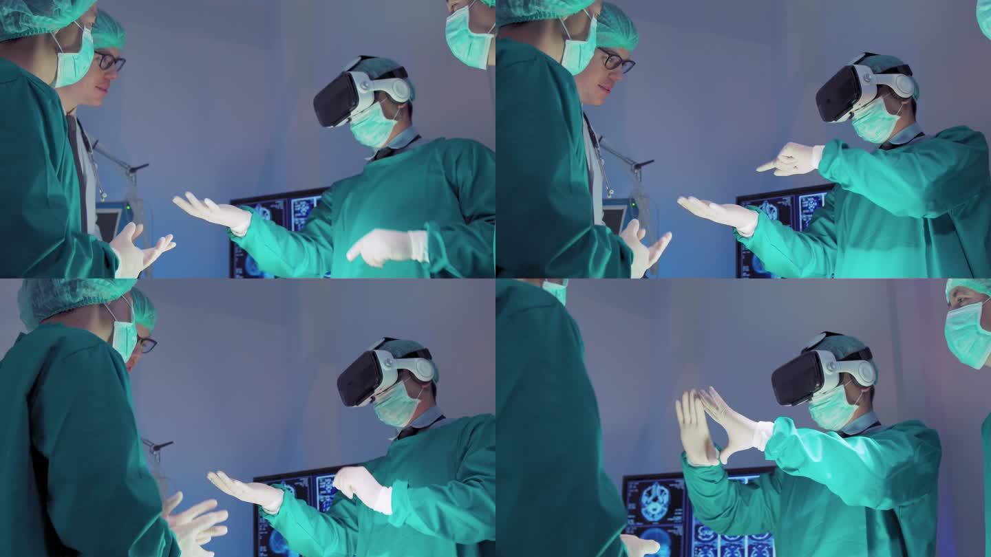 一个医生的4k视频片段是使用增强现实眼镜学习检查人体内部器官以在现代医院进行手术的手术。
