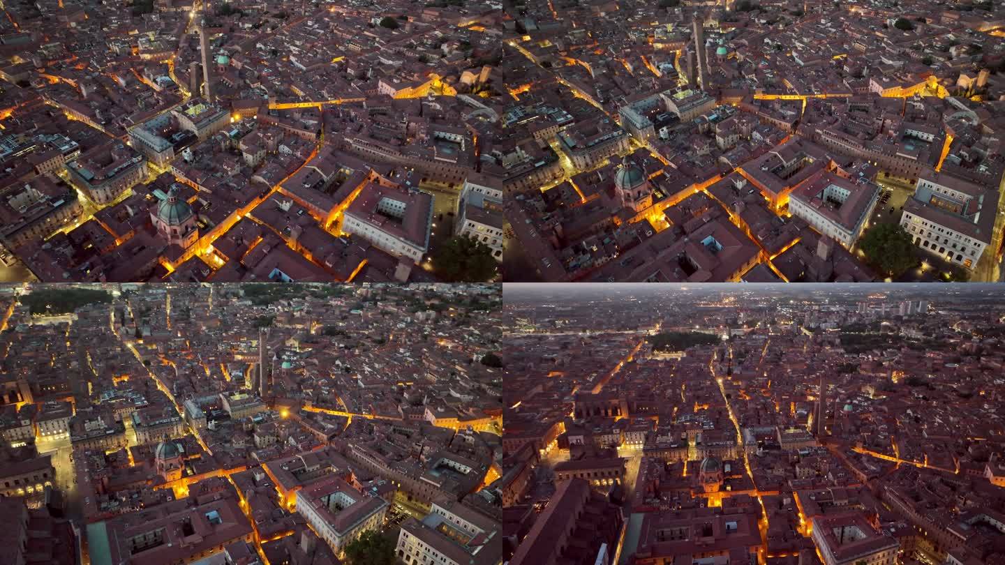 博洛尼亚历史中心的空中无人机日落场景和迪托里塔，这两座塔都倾斜着，是意大利博洛尼亚的象征