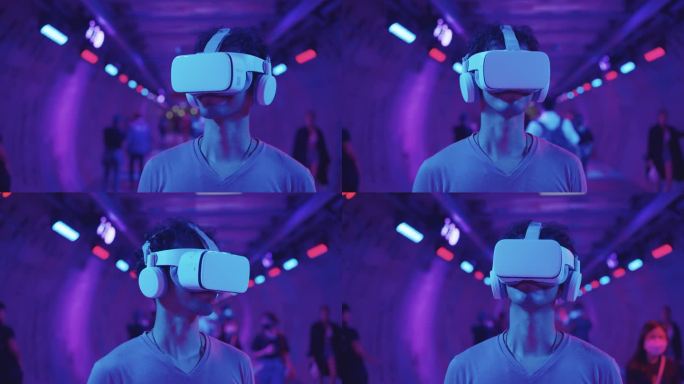 正面图：亚洲年轻人戴着虚拟现实耳机，在Metaverse三维虚拟世界网络中四处张望，目前站在拥挤的霓
