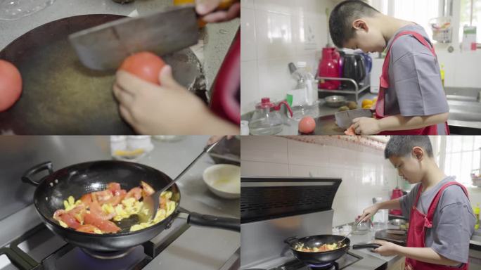 【4K原创】小孩做饭 切菜 西红柿炒鸡蛋