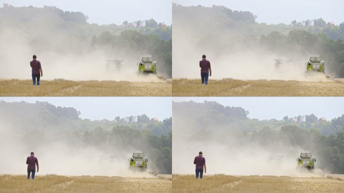 SLO MO农民走在联合收割机后面收割小麦