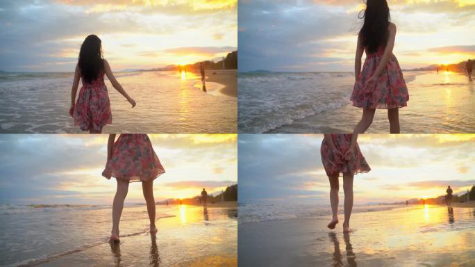 夕阳海滩vlog记录生活美女背影