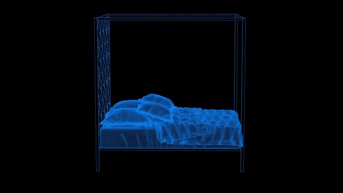 4k蓝色全息科技线框床素材带通道
