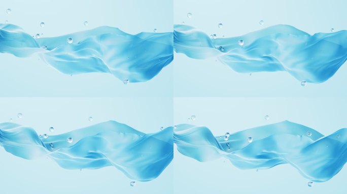流动的蓝色布料与水珠3D渲染