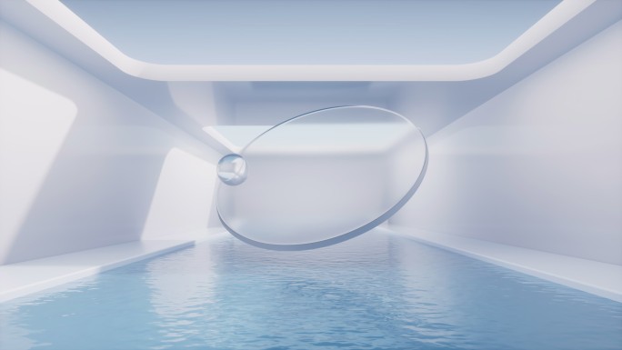 现代建筑水面与透明玻璃几何体3D渲染