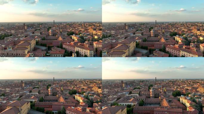 博洛尼亚历史中心的空中无人机日落场景和迪托里塔，这两座塔都倾斜着，是意大利博洛尼亚的象征