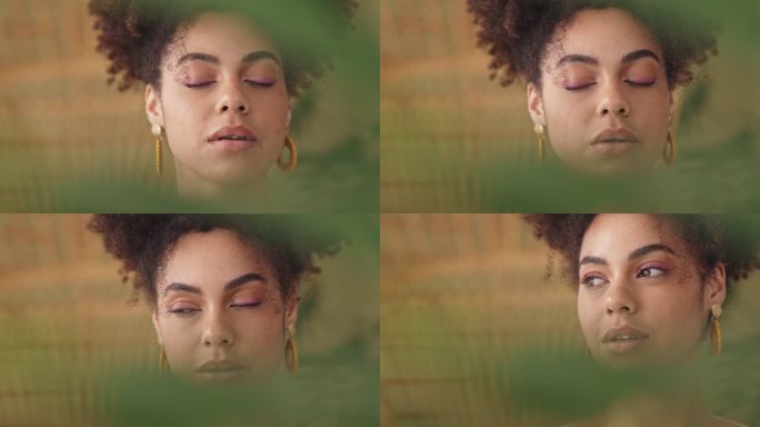 特写镜头：一位美丽的拉美裔女性，一位非洲黑人在一棵绿色植物后面的工作室里摆姿势。美丽的异国情调混血女