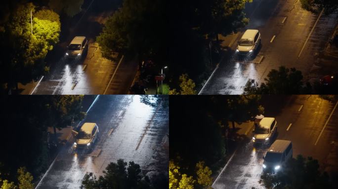 暴雨大风中的城市夜晚，雨中车辆及回家的人