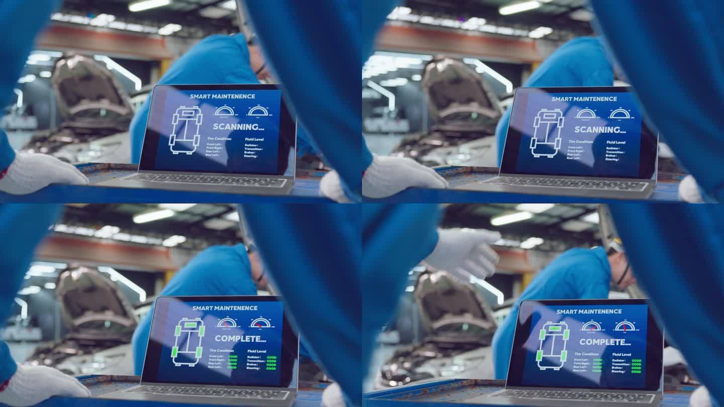 平板电脑上汽车技师运行诊断软件的特写。亚洲年轻汽车服务经理工人在机械车库工作，在车间检查和维护发动机