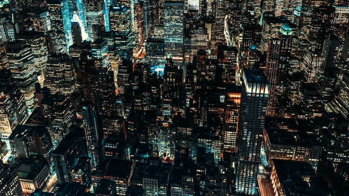 T/L TU纽约曼哈顿夜间建筑鸟瞰图