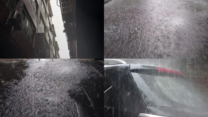 倾盆大雨雨滴小巷暴雨如注行走屋巷淋雨走路