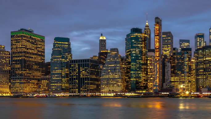 美国纽约下曼哈顿金融区城市景观河岸的时间流逝