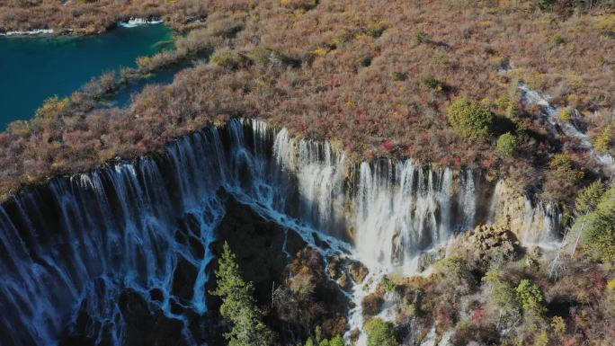 航拍九寨沟诺日朗瀑布和珍珠滩瀑布