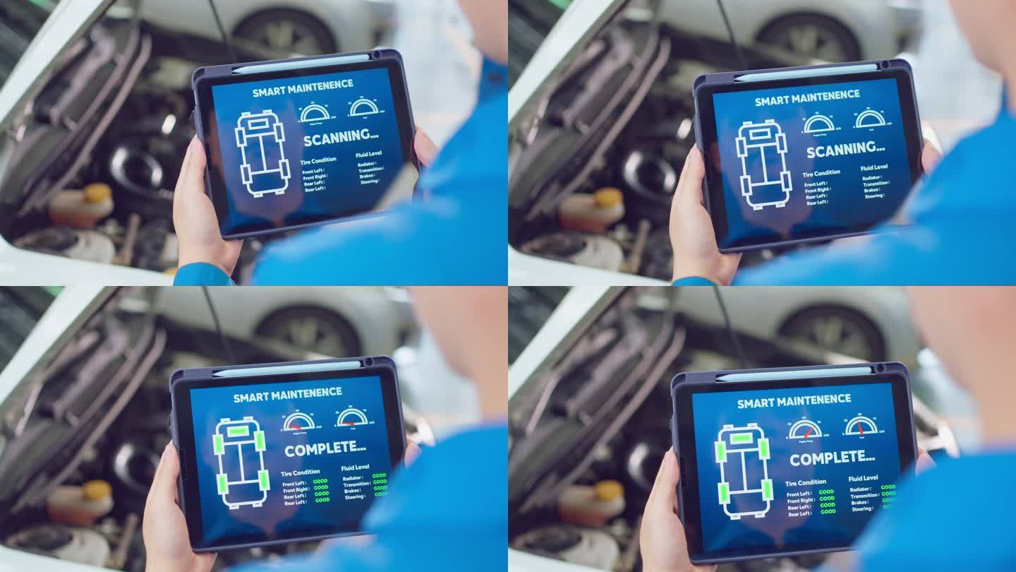 平板电脑上汽车技师运行诊断软件的特写。亚洲年轻汽车服务经理工人在机械车库工作，在车间检查和维护发动机