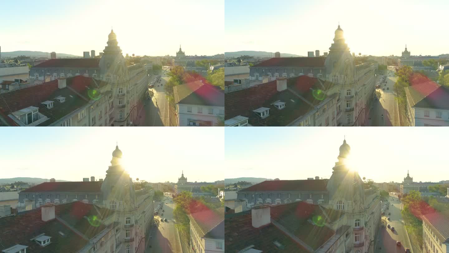 保加利亚索菲亚市中心的广角无人机拍摄。美丽的城市时钟指向20:40，慢动作
