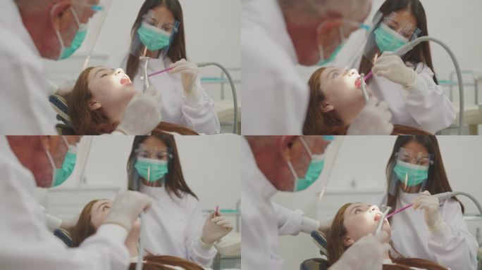 牙科诊所牙医诊疗室的高级牙医和牙科助理年轻女性和少女。