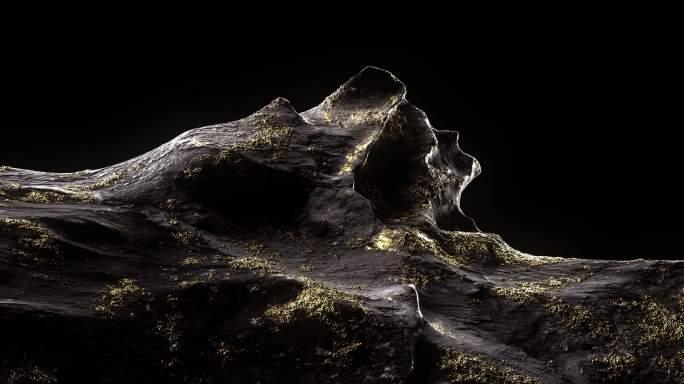 一块黑色石头的抽象3D动画，黄金纹理在失重状态下旋转。柔和的灯光照亮了石头的纹理。