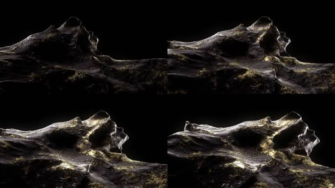 一块黑色石头的抽象3D动画，黄金纹理在失重状态下旋转。柔和的灯光照亮了石头的纹理。