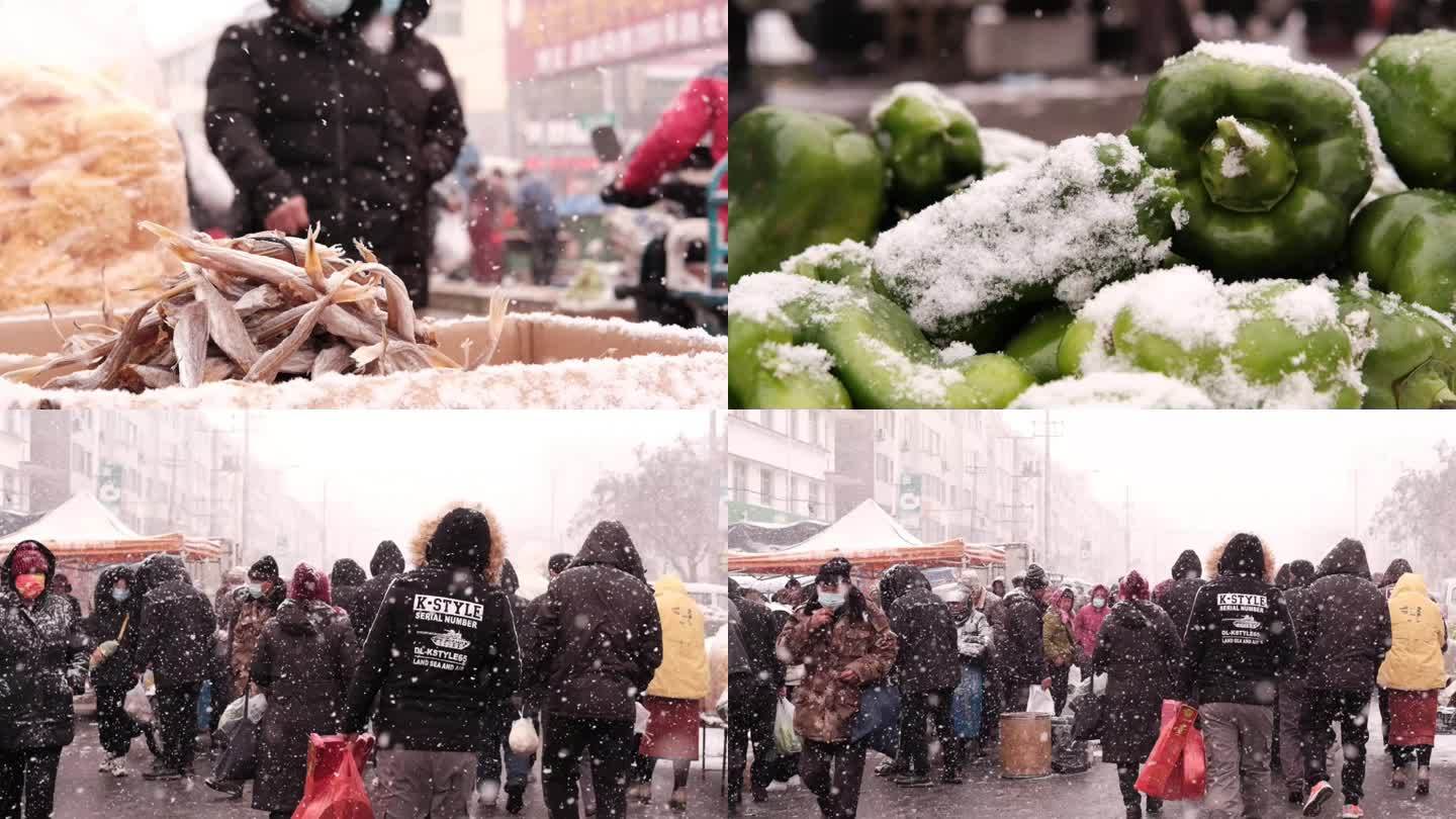 下雪天集市慢动作镜头