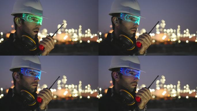 戴着高科技人工智能眼镜或虚拟现实眼镜的白人或中东工程师检查炼油厂的状况并使用对讲机。