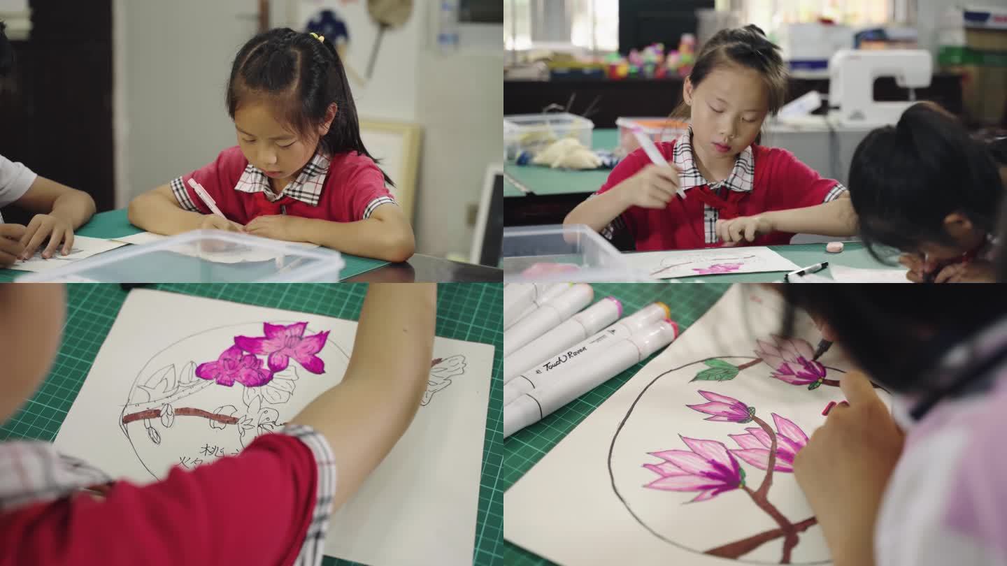 小学生在教室里学绘画