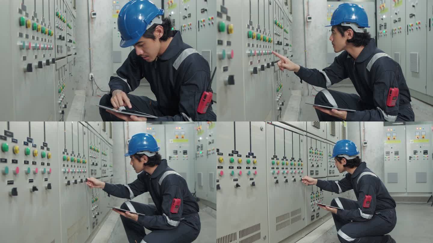一名电工工程师在工业工厂的控制室、操作员站网络中工作、检查和记录电气保护继电器参数。
