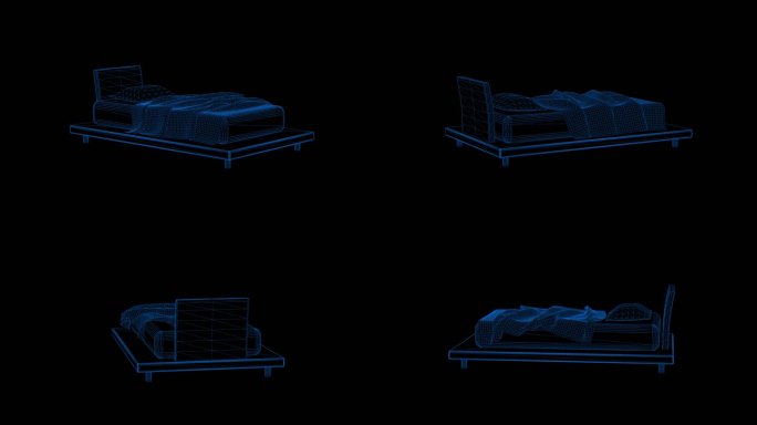 4k蓝色全息科技线框床素材带通道