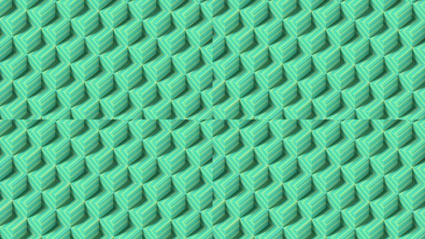 覆盖绿色条纹纹理的无限移动矩形的正交投影。三维渲染几何背景。数字无缝循环动画。4K，超高清分辨率