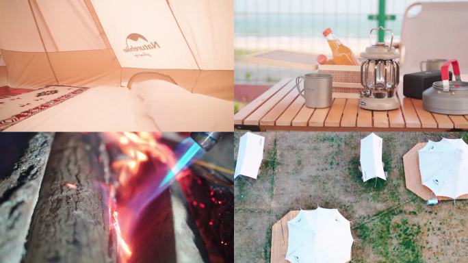 户外露营帐篷篝火高清视频加航拍