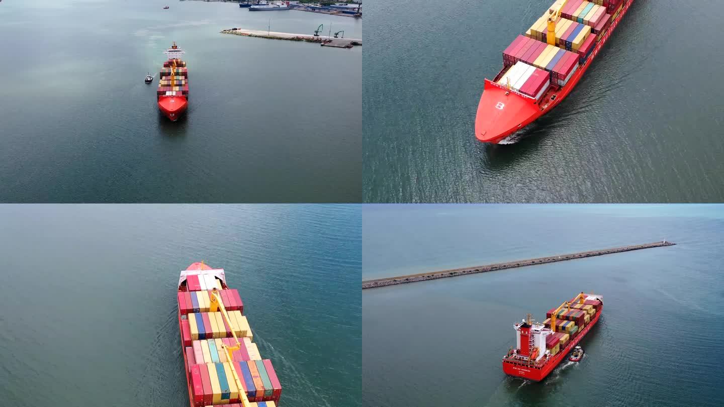 高空俯视Hyperlapse，集装箱货船在进出口业务中的延时，以及在公海通过集装箱货船进行国际物流和