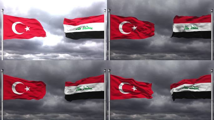 土耳其和伊拉克国旗相互挥舞|可循环。