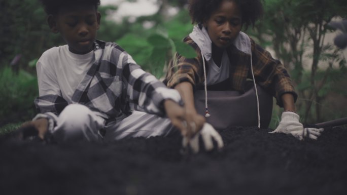 环境志愿者两个孩子栽种树苗爱心公益植树节