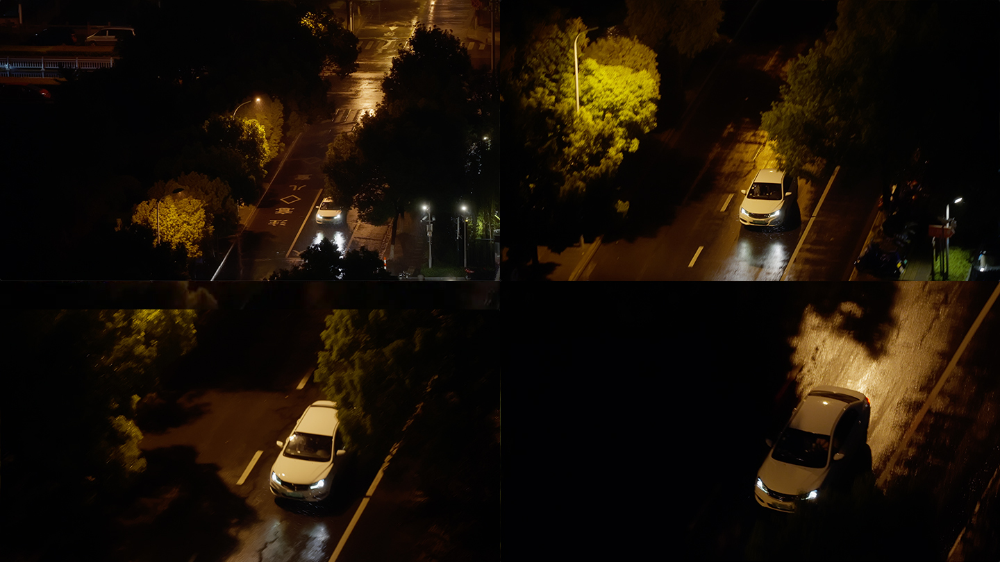 暴雨大风中的城市夜晚，汽车驶过雨中的道路