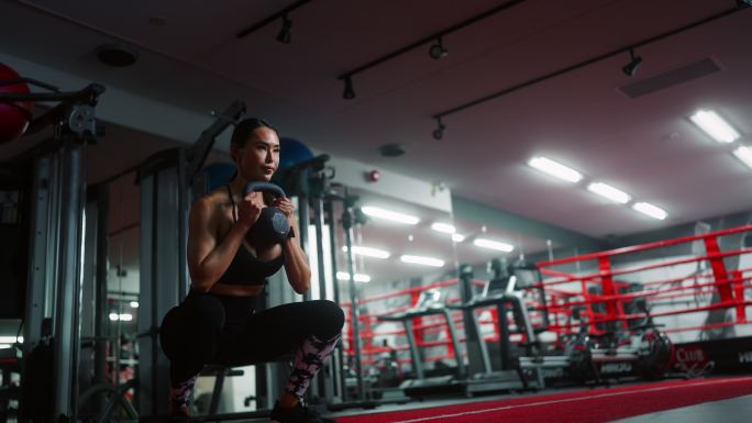 在健身房使用举重和训练设备进行肌肉训练，使女性健身