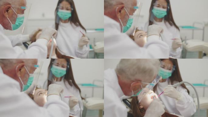 牙科诊所牙医诊疗室的高级牙医和牙科助理年轻女性和少女。