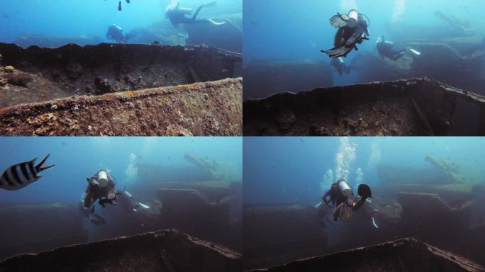 4k视频片段，人们在海洋中探索沉船