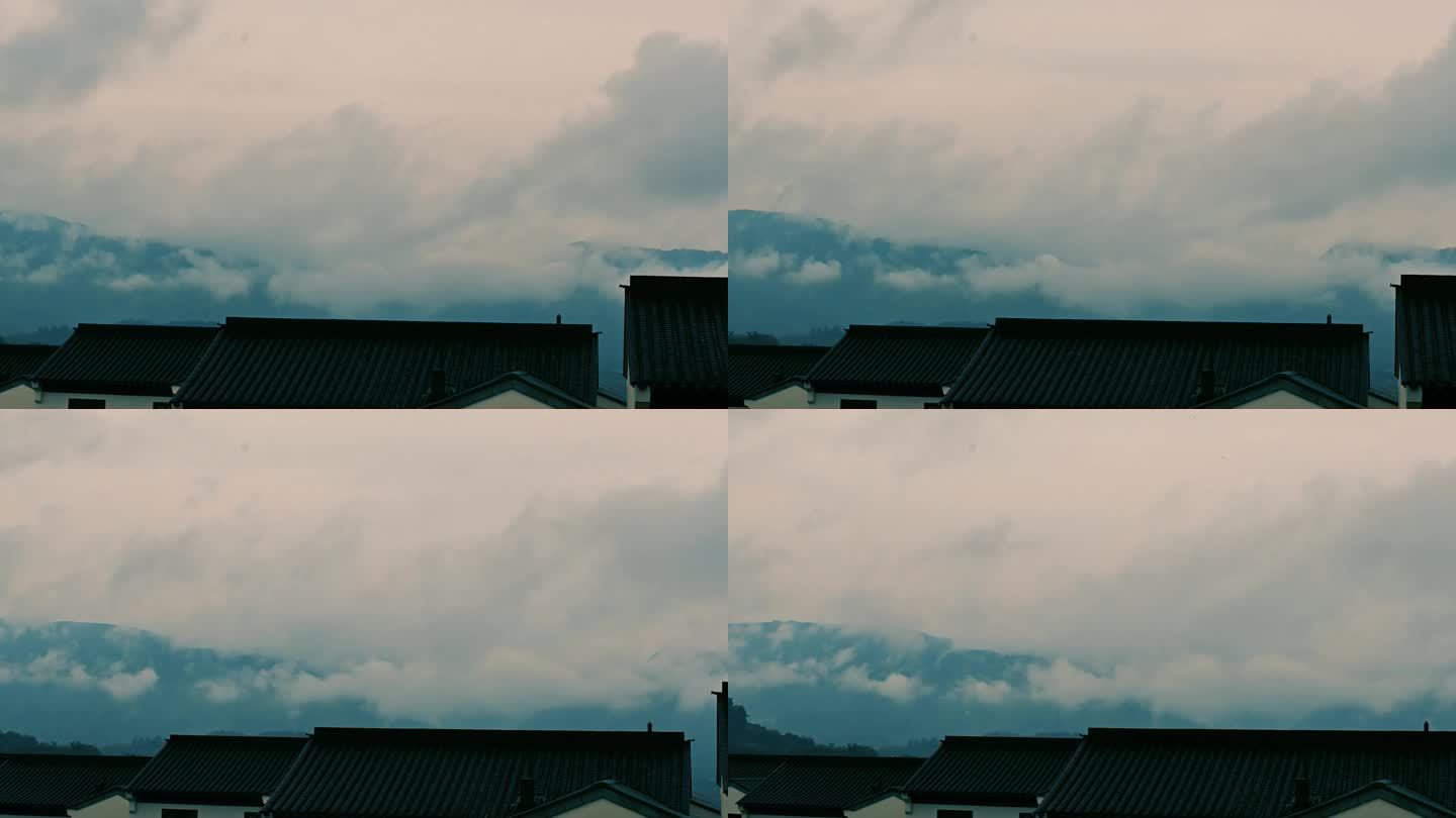 屋顶远山白云飘过实拍视频