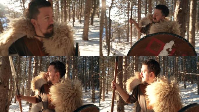 中世纪武士，冬季在森林中手持长矛和盾牌