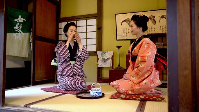 DS穿着传统和服喝茶的日本女性