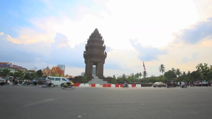 柬埔寨货轮城市寺庙海边椰树延时