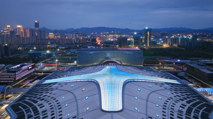 杭州未来科技城火车站西站傍晚航拍