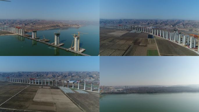 航拍高铁建设、跨黄河桥、桥墩实拍4K