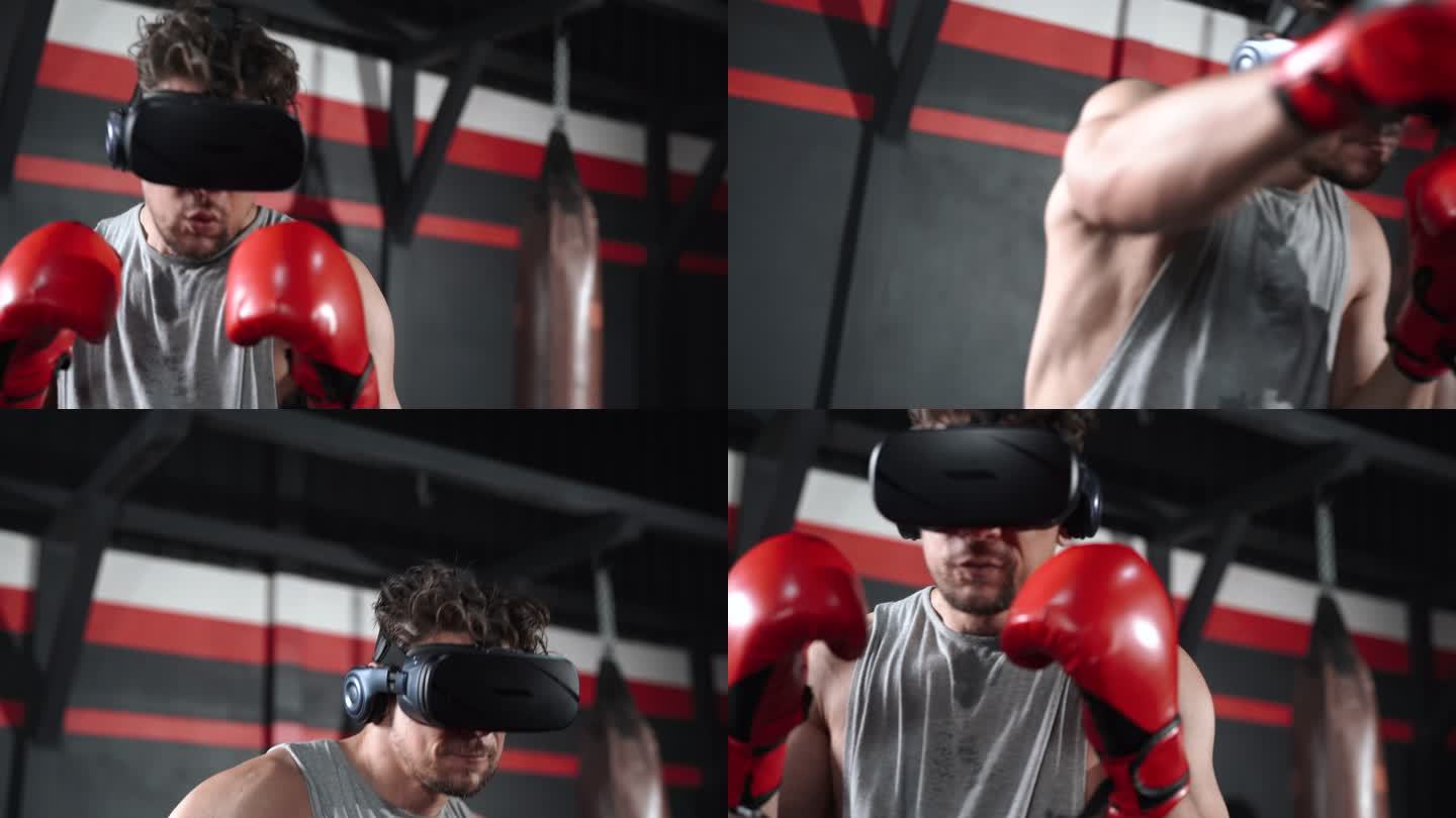 美国男子戴着VR耳机和拳击